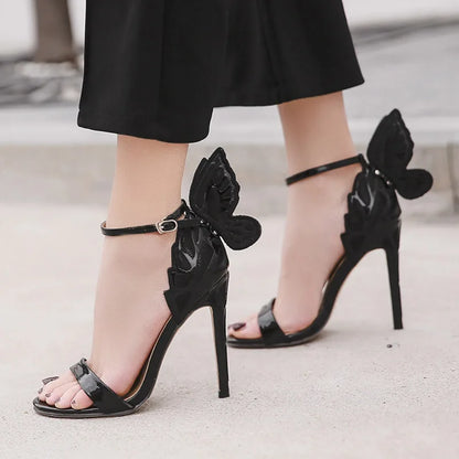 New Design Butterfly Wings Sandals Women Sexy Stiletto Patent Leather Party Dress Open Toe Buckle High Heels Platform Shoes Lady