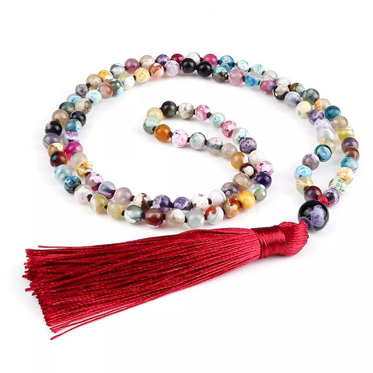 108 Mala Natural Stone Necklace 6mm Multicolor Fire Agates Handmade Beaded Red Tassel Long Necklaces Charm Jewelry for Women Men