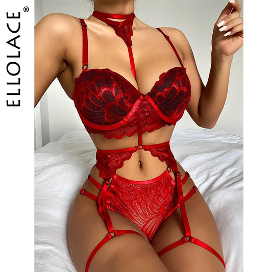 Ellolace Sensual Lingerie Woman Padded Underwear Set Garter Femme Lace Push Up Bras G-String Panties Underwear Women Sexy Outfit