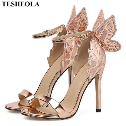 New Design Butterfly Wings Sandals Women Sexy Stiletto Patent Leather Party Dress Open Toe Buckle High Heels Platform Shoes Lady